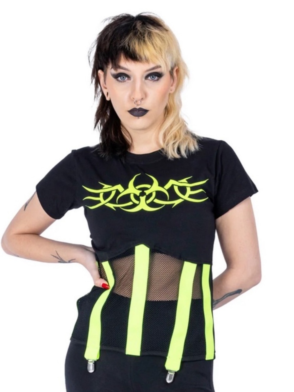 Cyber Goth Neon Green & Black Biohazard Fishnet Tee